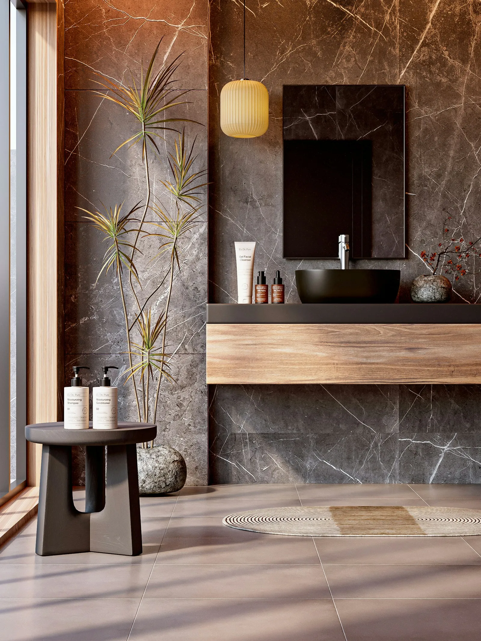 Bagno con pareti in marmo scuro, lavabo in pietra e piante