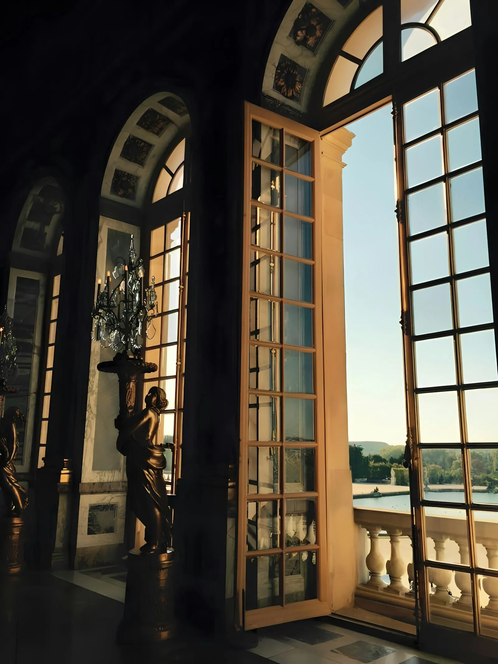 Portafinestre antiche aperte su un balcone in pietra sul lago