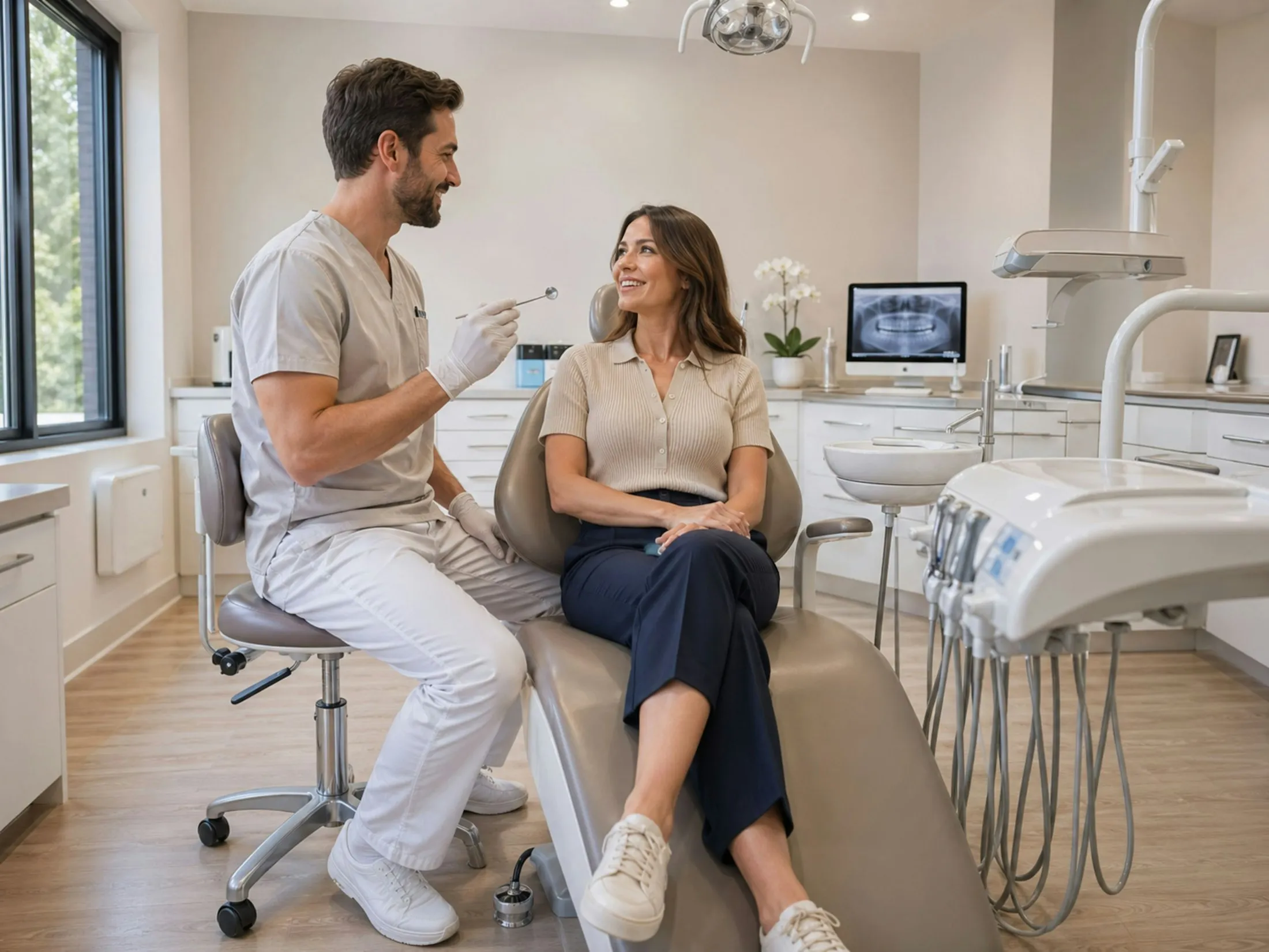 Un medico dello studio parla con una paziente seduta sulla poltrona, in uno studio luminoso