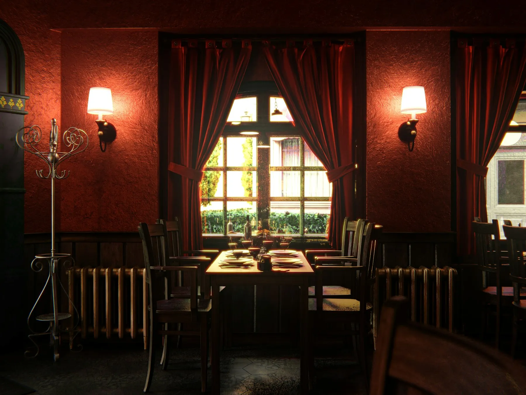 Sala di ristorante con pareti rosse, tende di velluto e applique accese