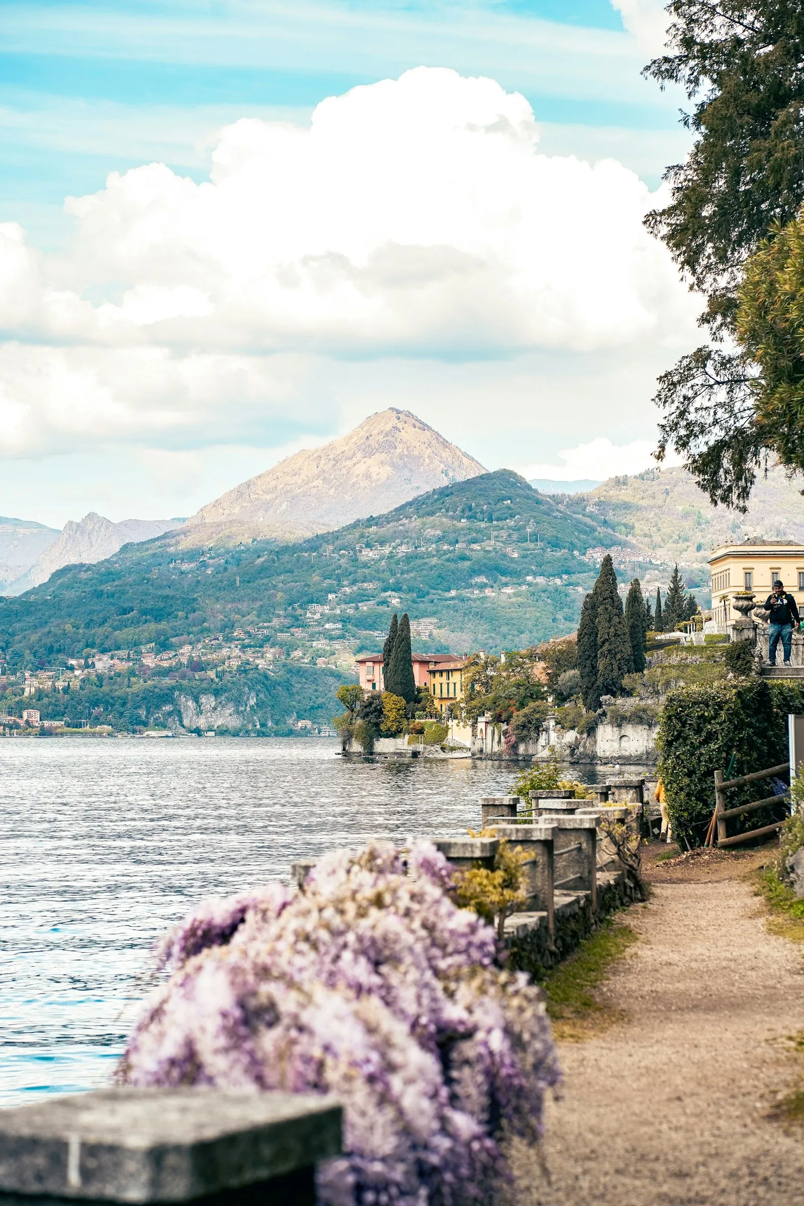 Passeggiata sul lago con glicine fiorito e montagne sullo sfondo