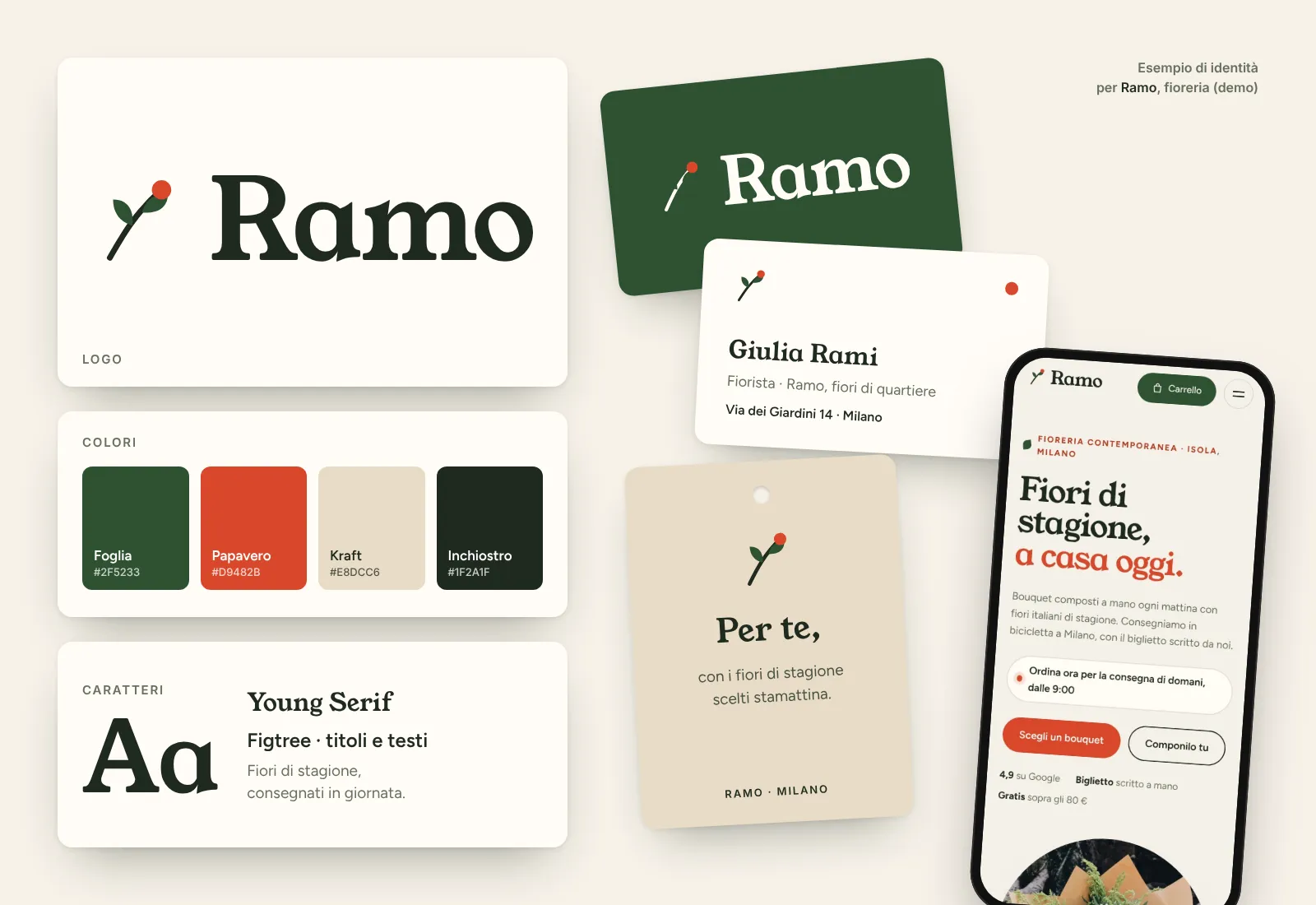 Esempio di identità visiva per Ramo, fioreria demo: logo, colori, caratteri, biglietti da visita, etichetta e sito da telefono