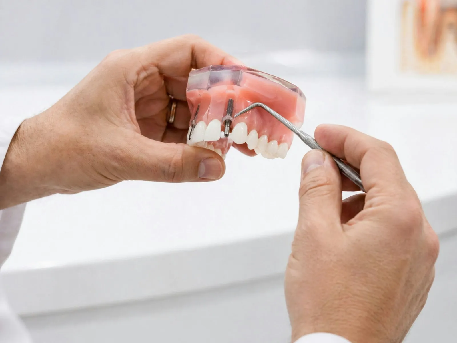 Il medico mostra su un modello come si inserisce un impianto